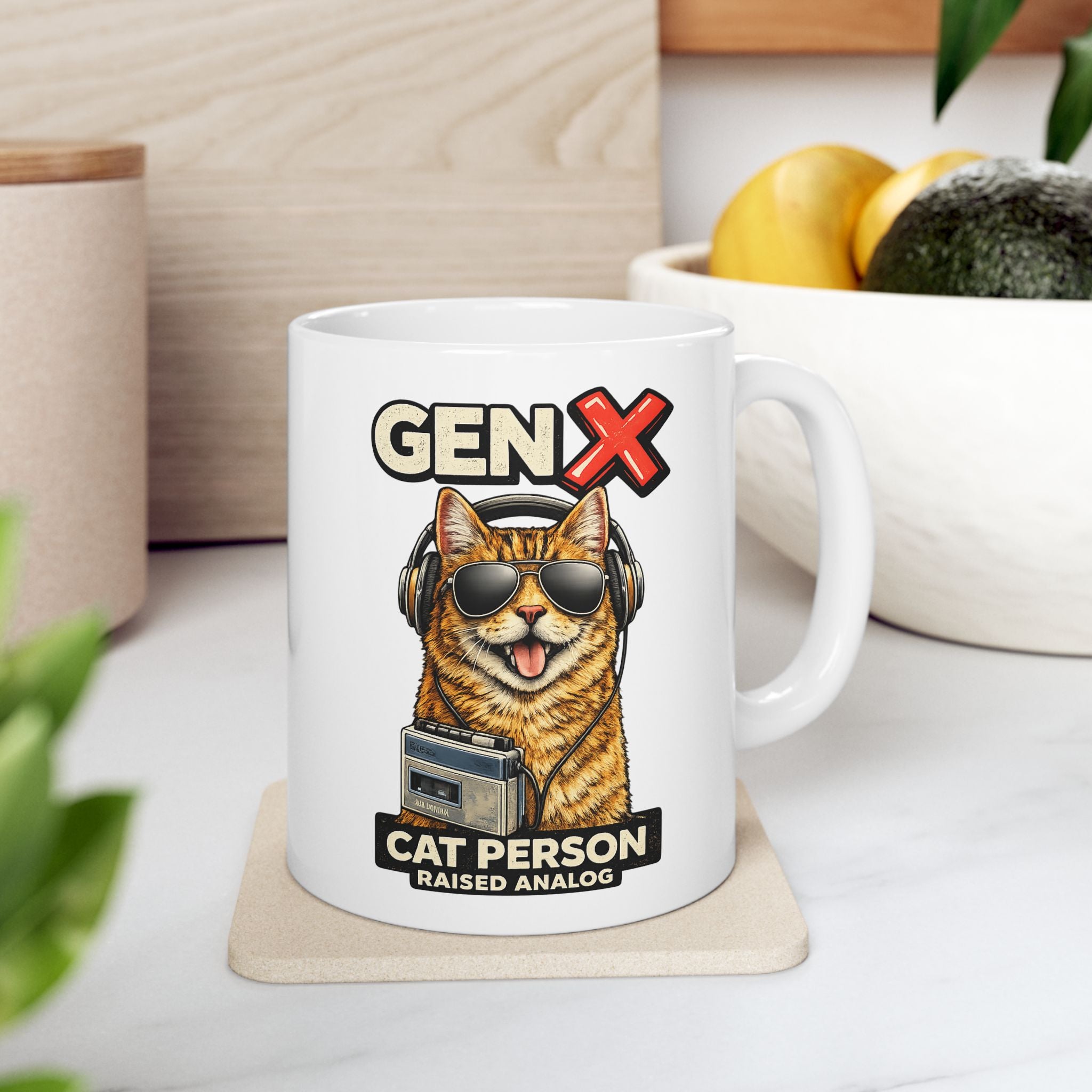 Gen X Cat Person Retro Coffee Cup Mug | Raised Analog Design