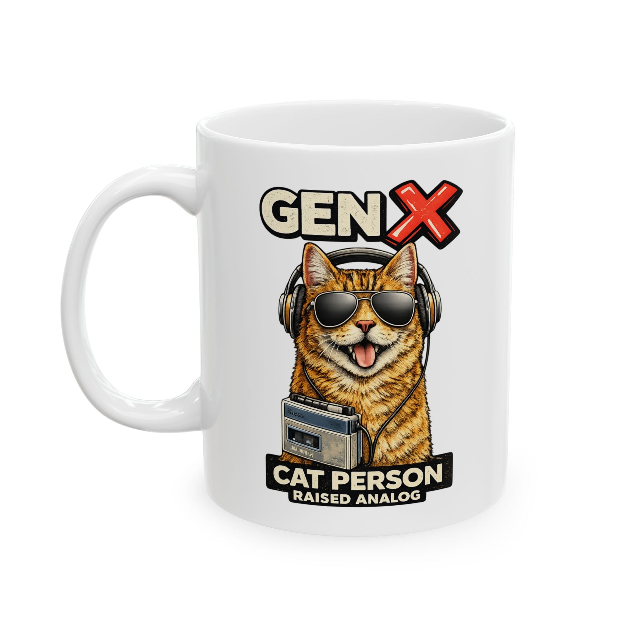 Gen X Cat Person Retro Coffee Cup Mug | Raised Analog Design