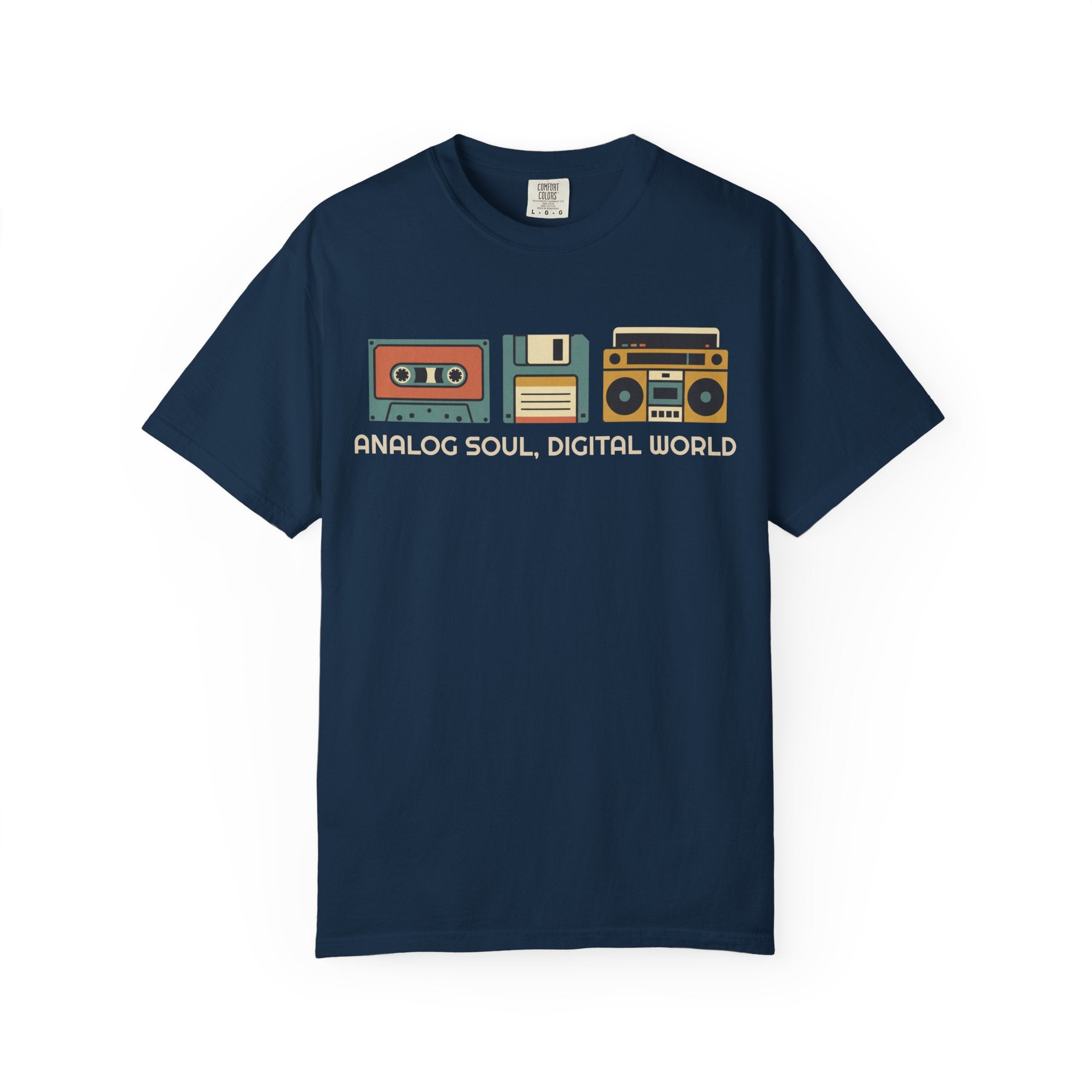 Analog Soul Digital World Comfort Colors T-shirt | Retro Cassette Floppy Boombox Design
