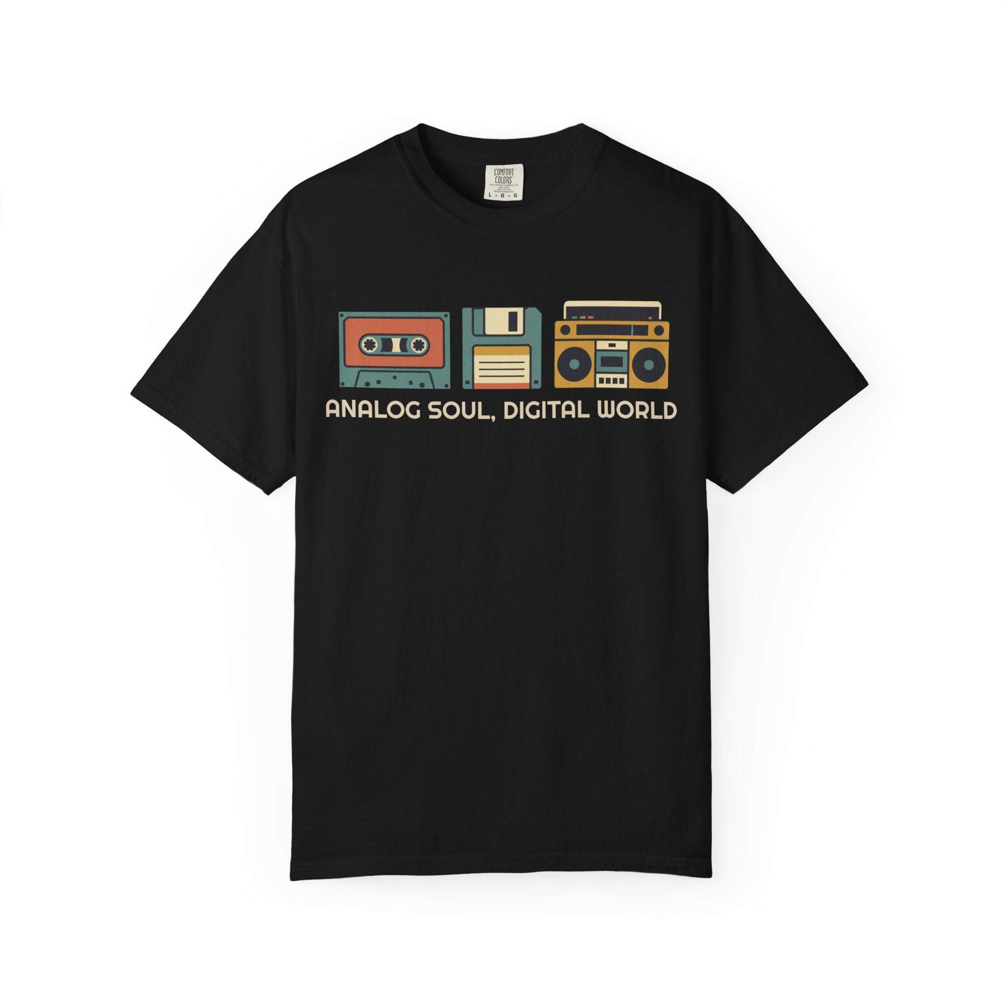 Analog Soul Digital World Comfort Colors T-shirt | Retro Cassette Floppy Boombox Design