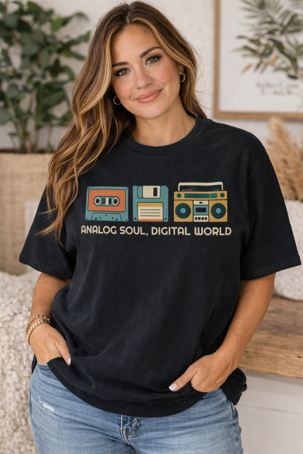 Analog Soul Digital World Comfort Colors T-shirt | Retro Cassette Floppy Boombox Design