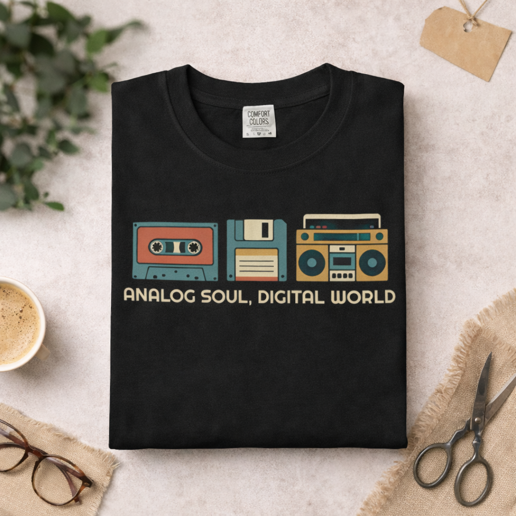 Analog Soul Digital World Comfort Colors T-shirt | Retro Cassette Floppy Boombox Design
