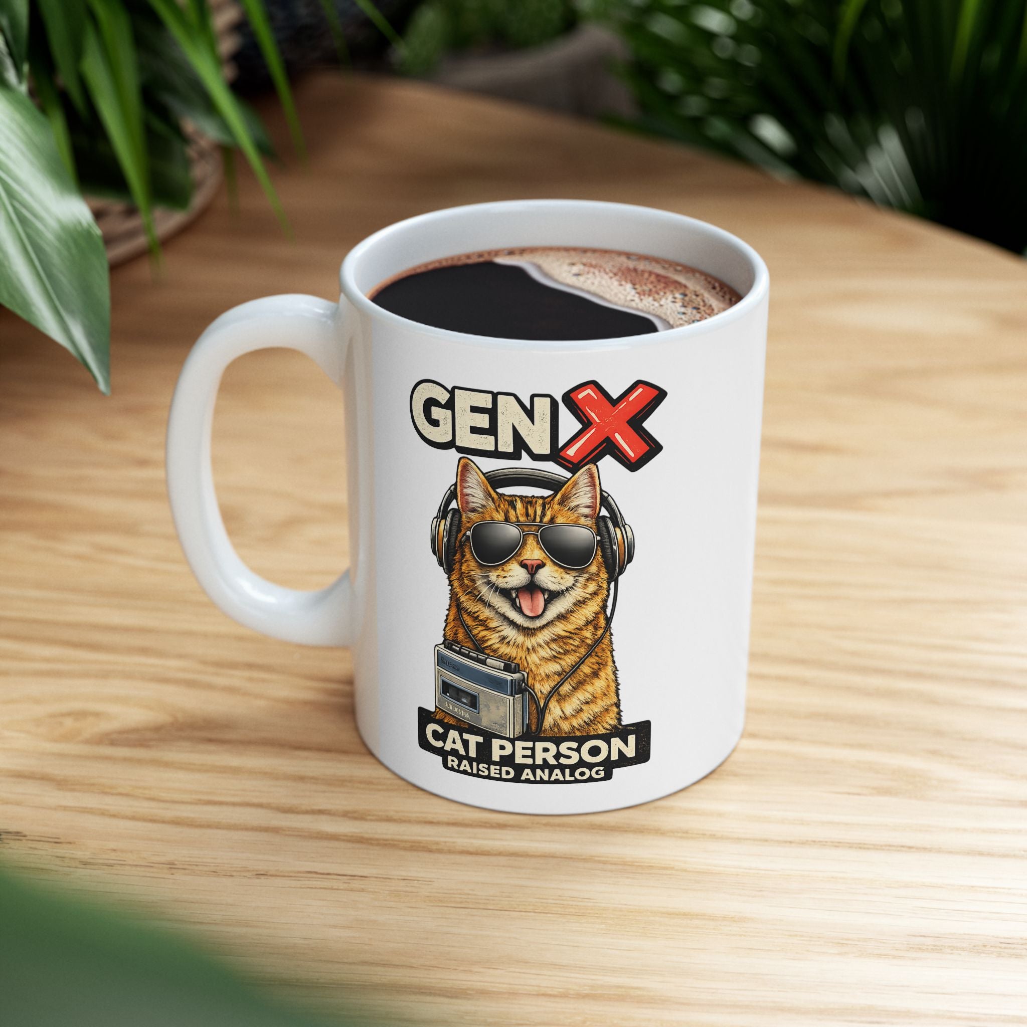 Gen X Cat Person Retro Coffee Cup Mug | Raised Analog Design