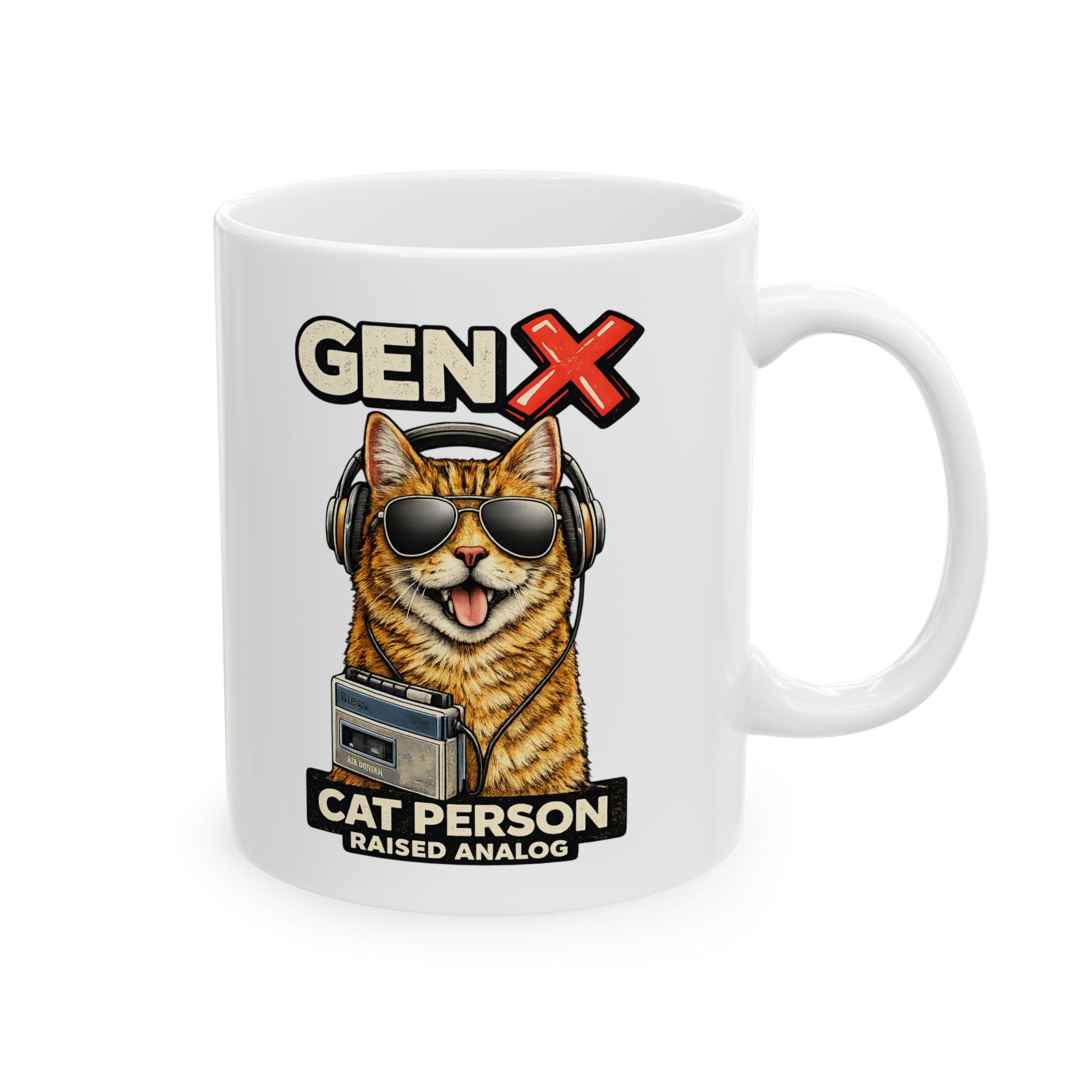 Gen X Cat Person Retro Coffee Cup Mug | Raised Analog Design