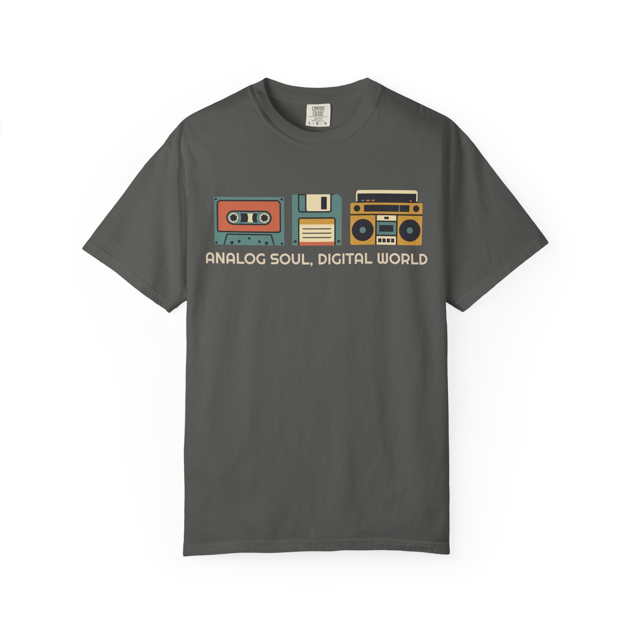 Analog Soul Digital World Comfort Colors T-shirt | Retro Cassette Floppy Boombox Design