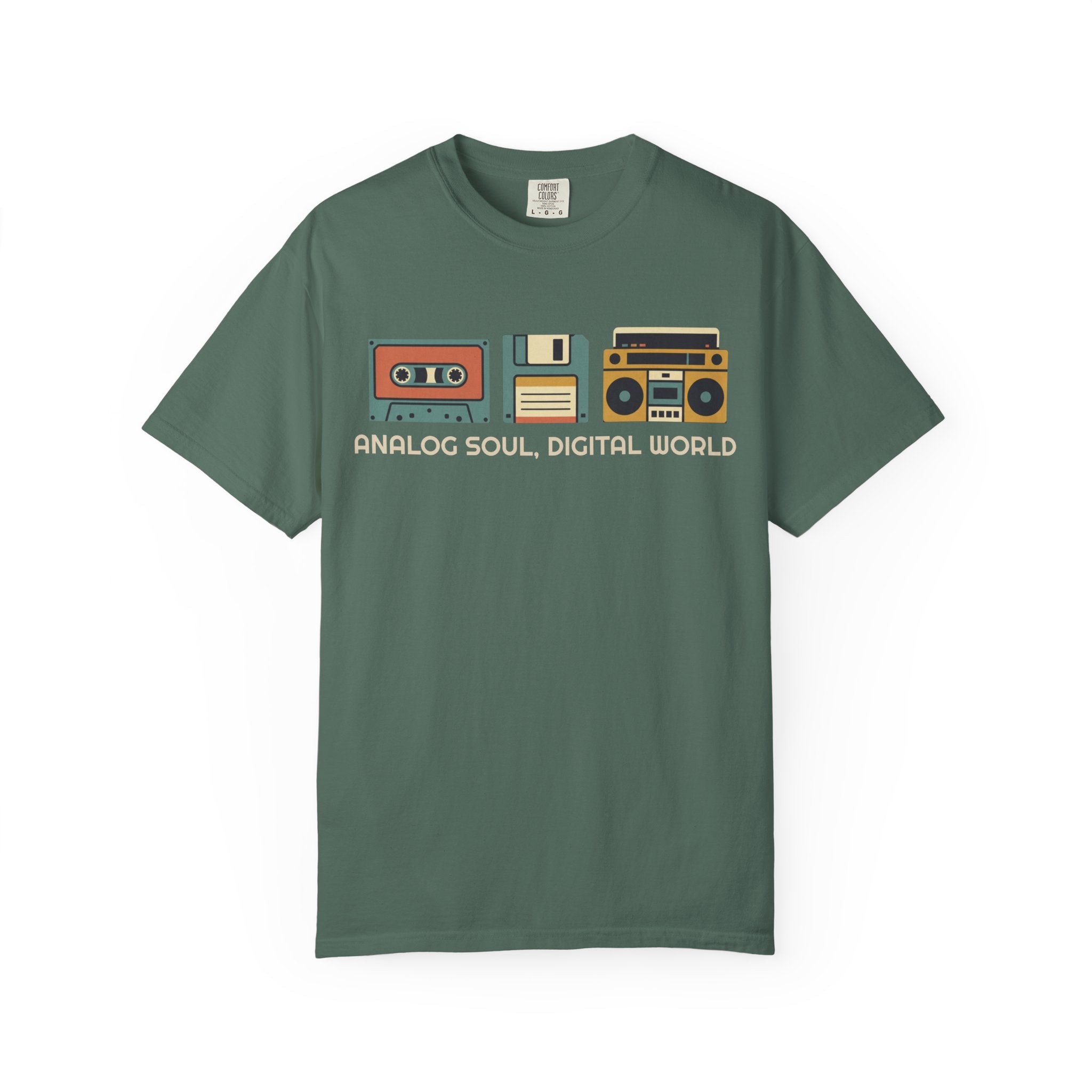 Analog Soul Digital World Comfort Colors T-shirt | Retro Cassette Floppy Boombox Design